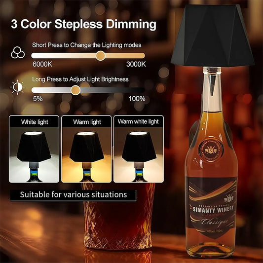 Wireless Bottle Table Lamp Touch Control of 3 Colors and Stepless Dimming Night Lamp for Bar Wine Bottles Decor Desk Lights